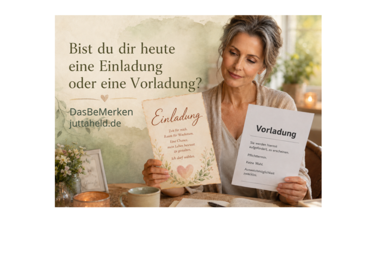 Eine Frau hält zwei Blätter in den Händen: eine freundlich gestaltete Einladung und eine nüchtern gestaltete Vorladung. Sie fragt sich, was bin ich mir heute, eine Einladung oder einen Vorladung?